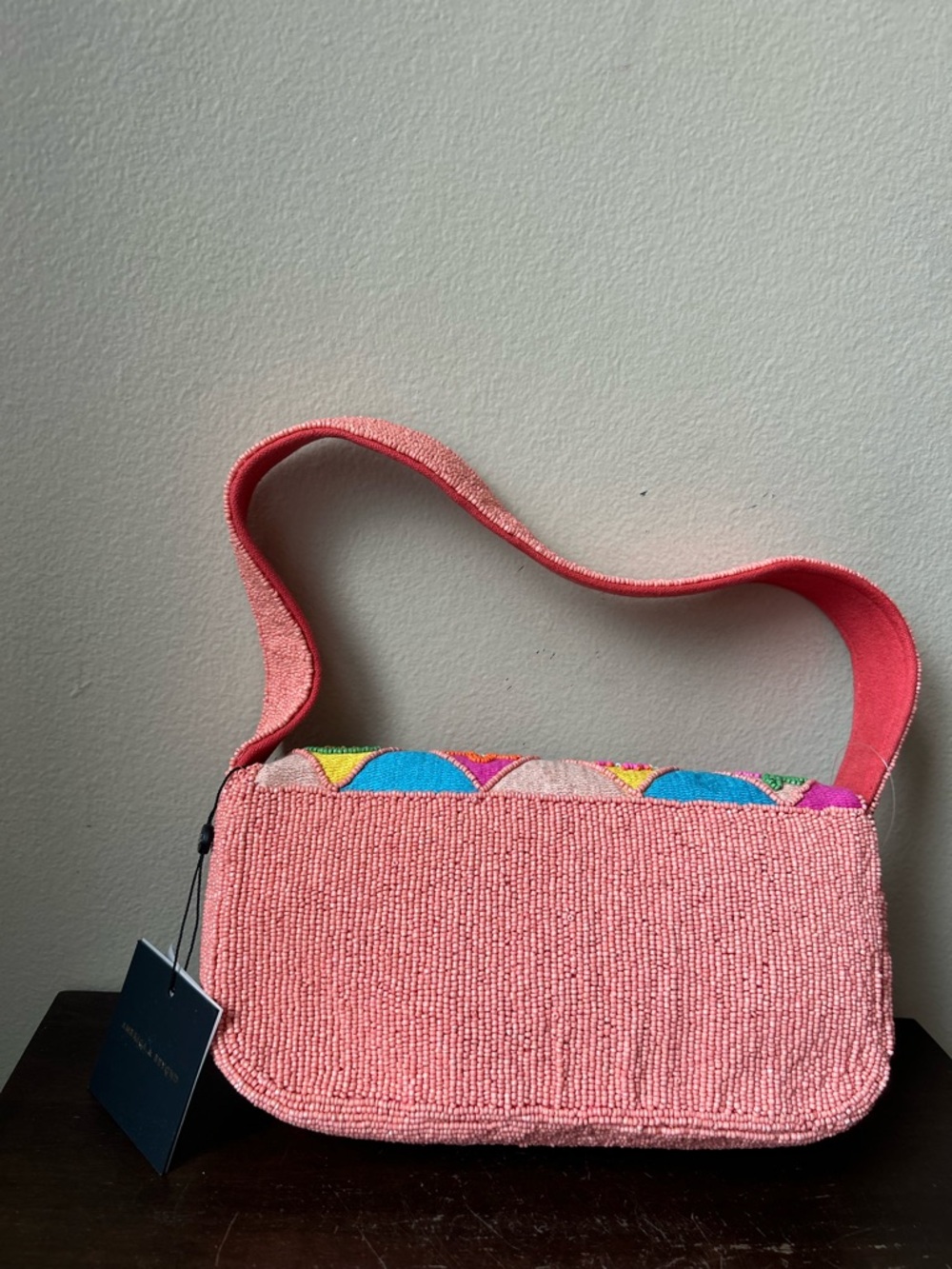 America & Beyond Beaded Pink Colorful Fruit Floral Shoulder Bag New - Picture 5 of 9